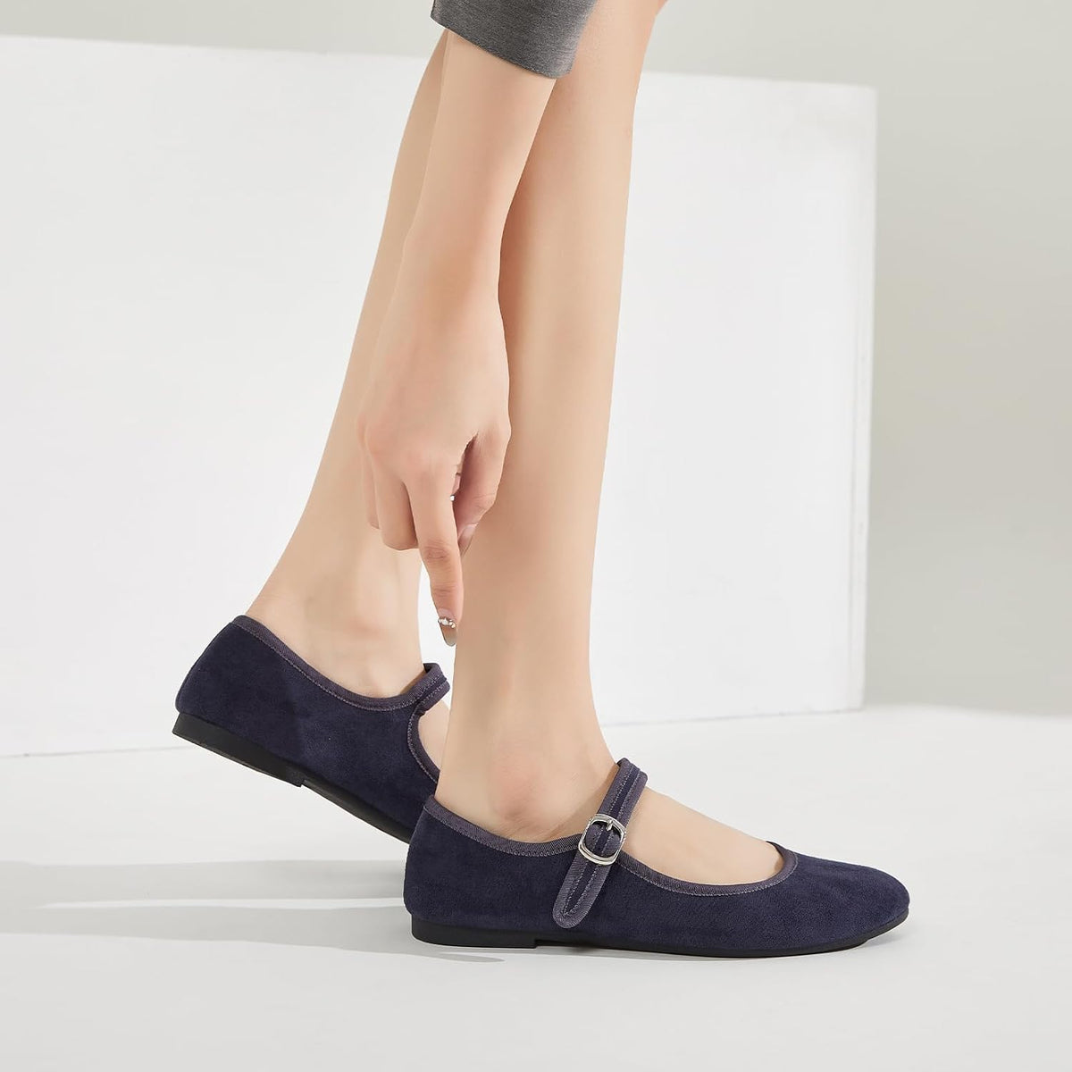 Womens Mary Jane Flats with strap,Faux Suede Black Flats,Casual Dressy Flat