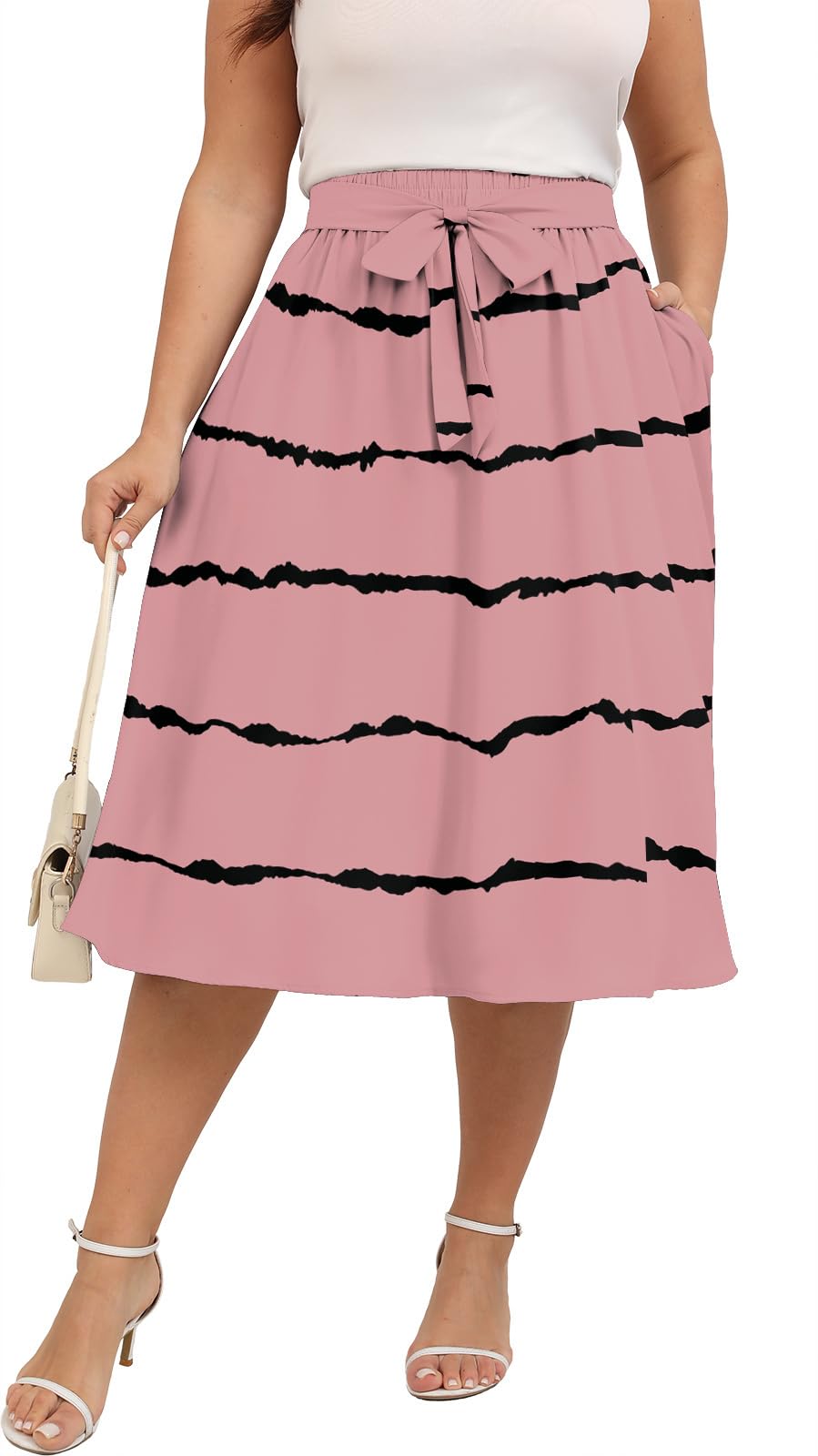 Xpenyo Womens Plus Size Midi Skirts Summer Elastic High Waisted Boho Casual Beach Flowy Swing Knee Length Skirts with Pockets