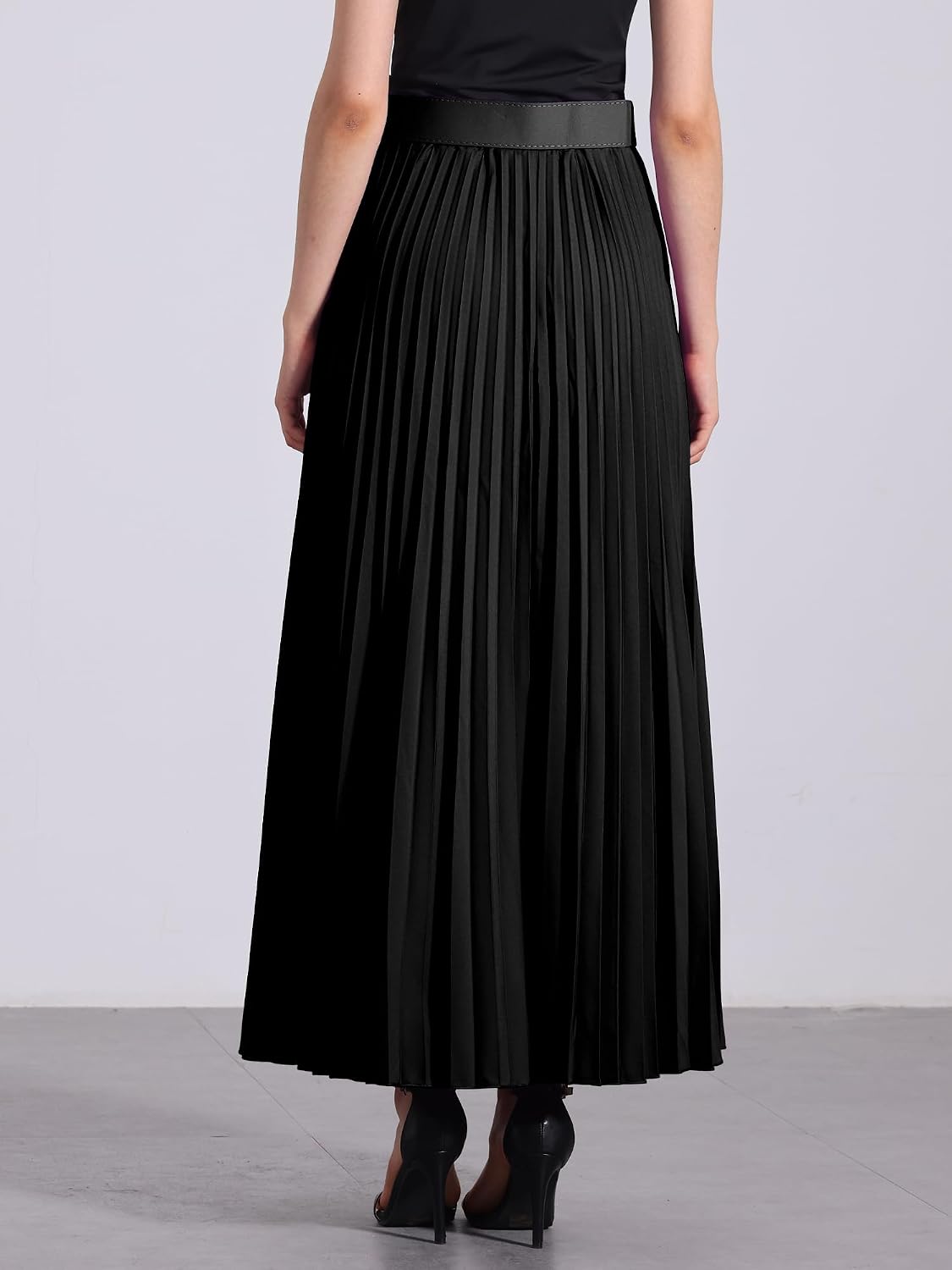 Allegra K Women High Waist Elastic Flowy A-Line Maxi Pleated Skirt
