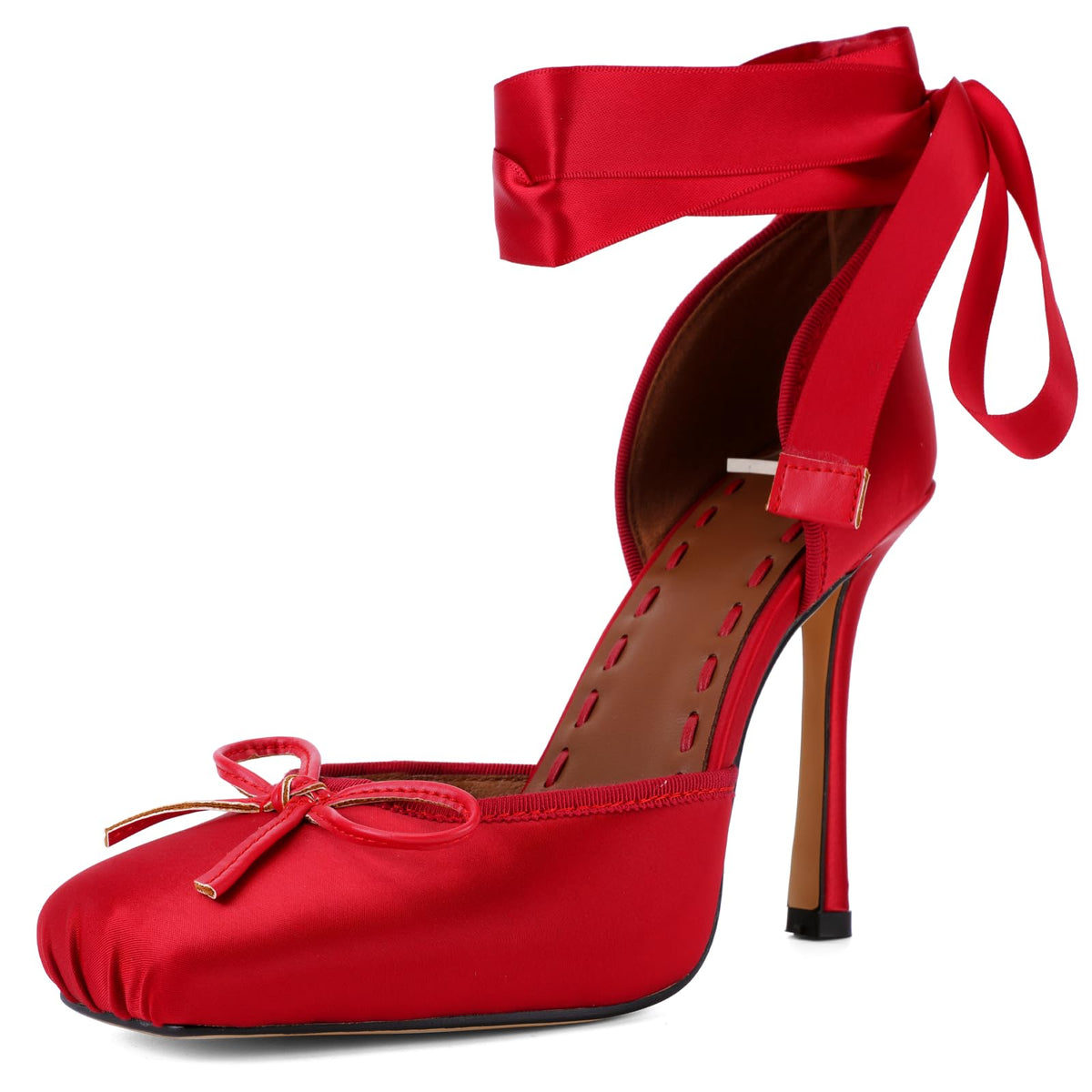 Women's Satin Ballet Heels, Lace-Up Square Toe Stiletto Pumps