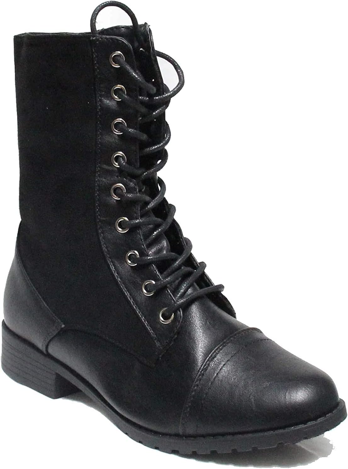 Forever Link Womens Round Toe Military Lace Up Knit Ankle Cuff Low Heel Combat Boots