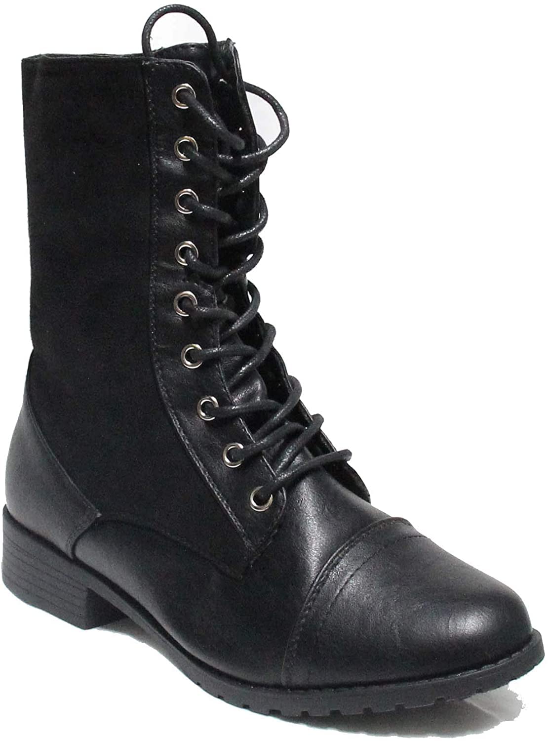 Forever Link Womens Round Toe Military Lace Up Knit Ankle Cuff Low Heel Combat Boots