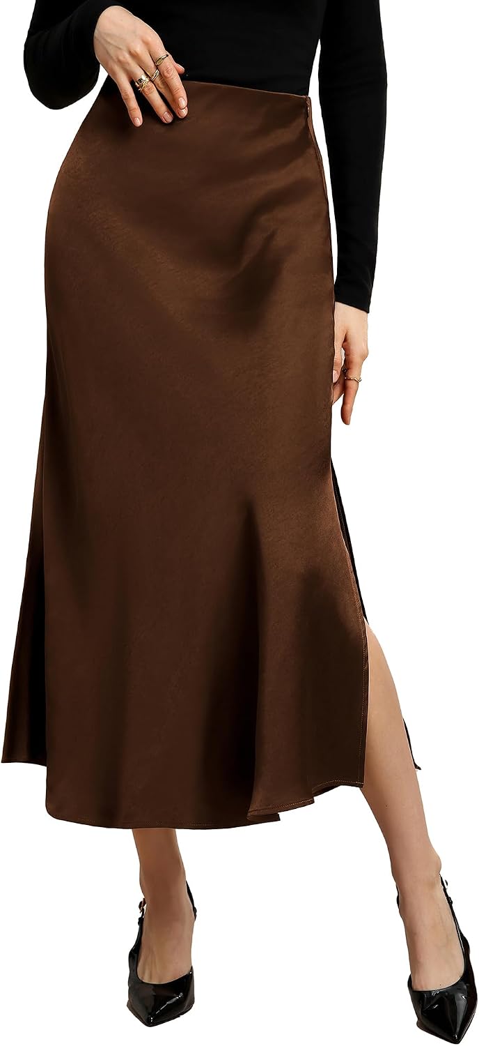 Kate Kasin Women Satin Midi Skirts, High Waisted Silk Flowy Fishtail Skirt