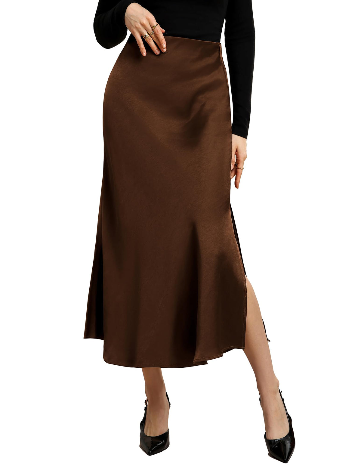 Kate Kasin Women Satin Midi Skirts, High Waisted Silk Flowy Fishtail Skirt