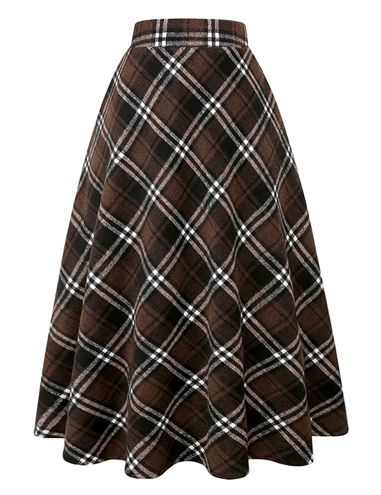IDEALSANXUN Womens Plaid Wool Skirts Elastic Waist A-Line Pleated Tartan Long Skirts
