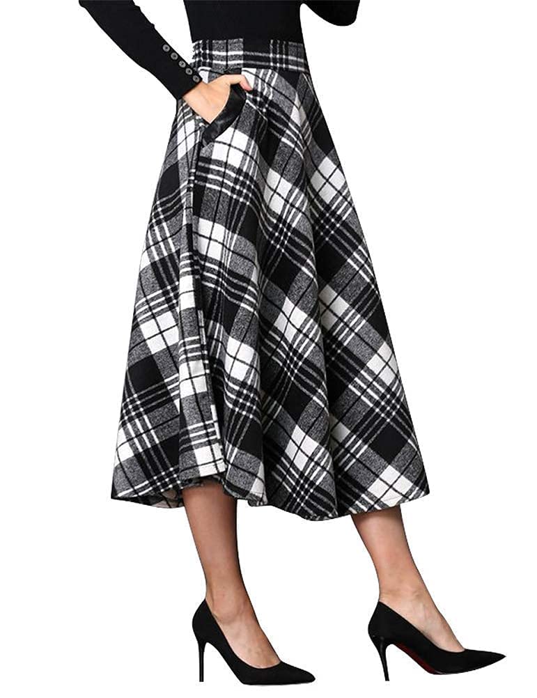 IDEALSANXUN Womens Plaid Wool Skirts Elastic Waist A-Line Pleated Tartan Long Skirts