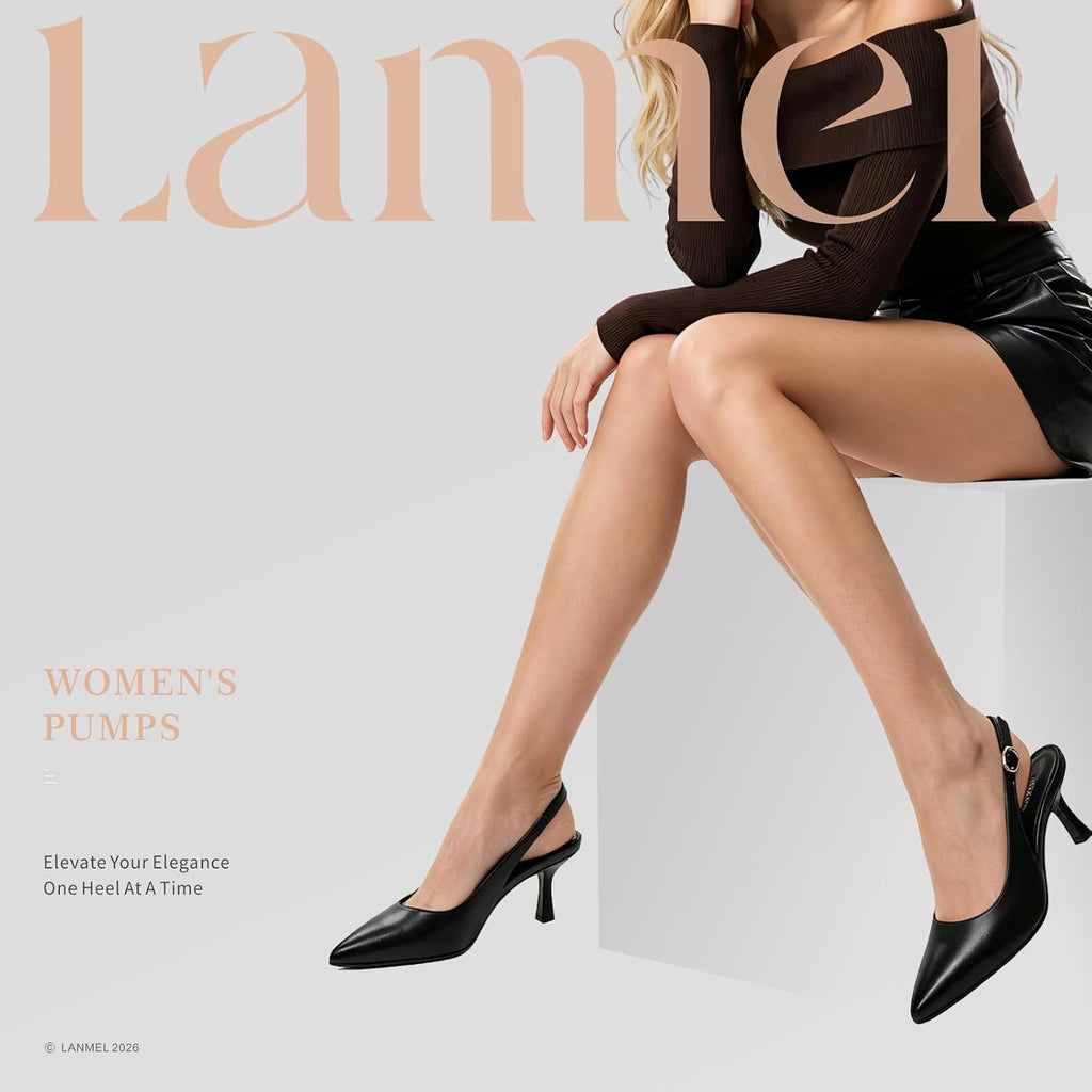 LANMEL Women's Slingback Kitten HeelsPointed Closed Toe Pumps Shoes Black
