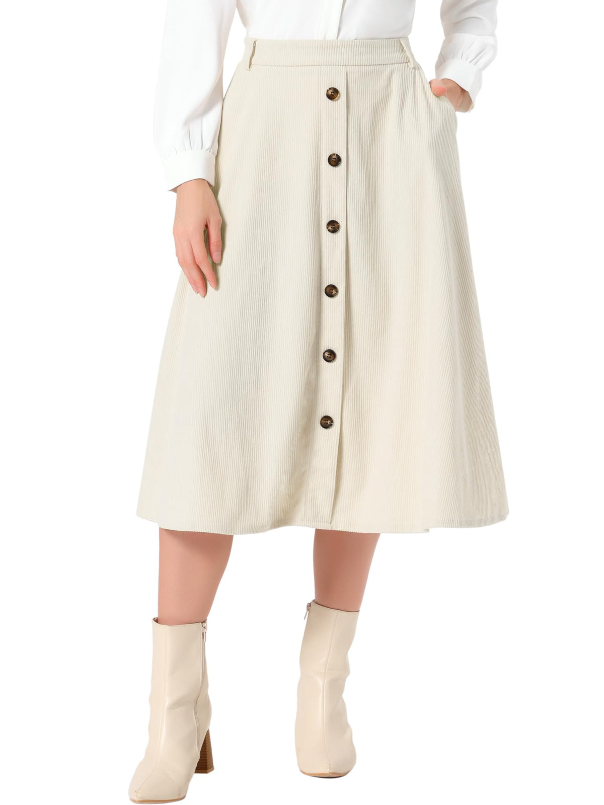 Allegra K Corduroy Skirt for Women Button Front High Waist Vintage Stretch A-Line Flared Casual Midi Skirts with Pockets