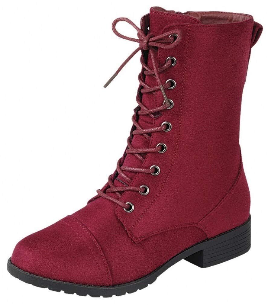 Forever Link Womens Round Toe Military Lace Up Knit Ankle Cuff Low Heel Combat Boots