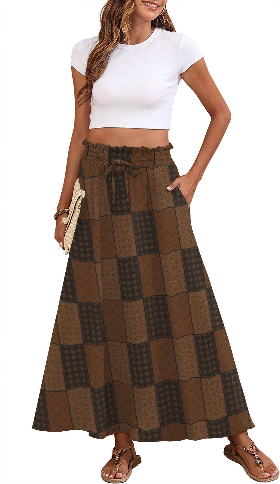 Askyes Womens Maxi Skirt Summer Tie Knot Elastic High Waisted Boho Casual Beach Flowy Swing Long Skirts with Pockets