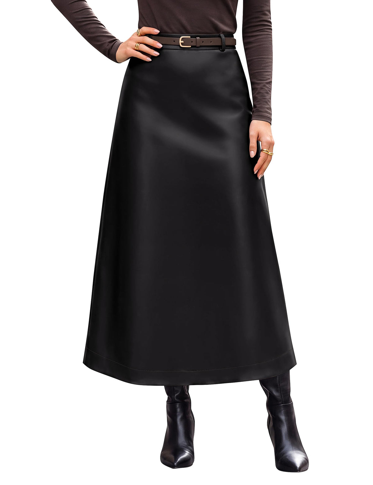Blooming Jelly Womens Faux Leather Midi Skirt High Waisted A-Line Back Slit