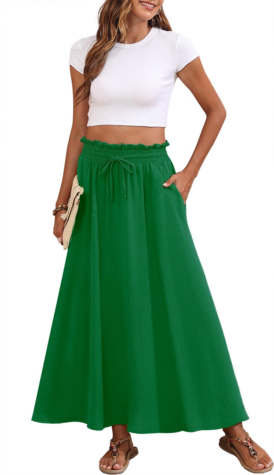 Askyes Womens Maxi Skirt Summer Tie Knot Elastic High Waisted Boho Casual Beach Flowy Swing Long Skirts with Pockets