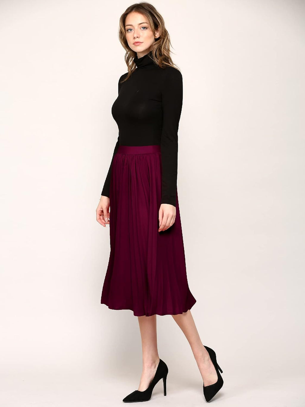 Made By Johnny Women's High Elastic Waist Pleated Mid A-Line Swing Skirt