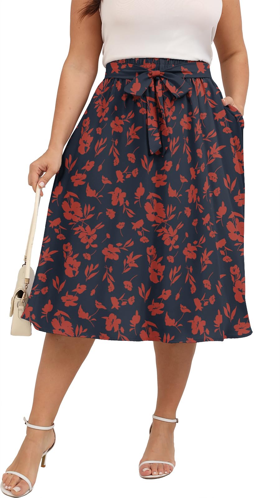 Xpenyo Womens Plus Size Midi Skirts Summer Elastic High Waisted Boho Casual Beach Flowy Swing Knee Length Skirts with Pockets