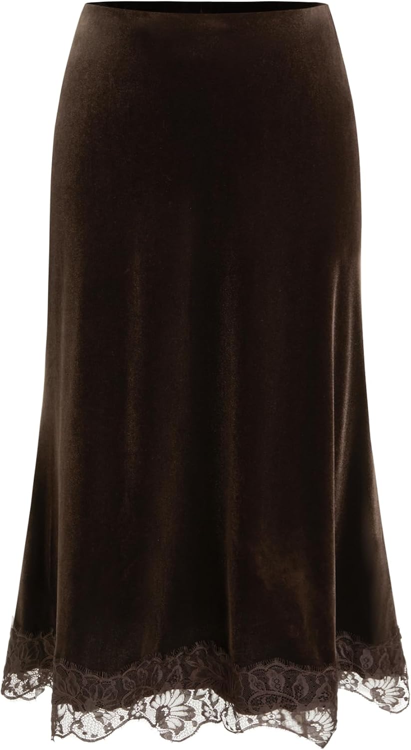 CIDER Vintage Velvet Midi Skirt for Women Lace Hem A Line Maxi Skirt