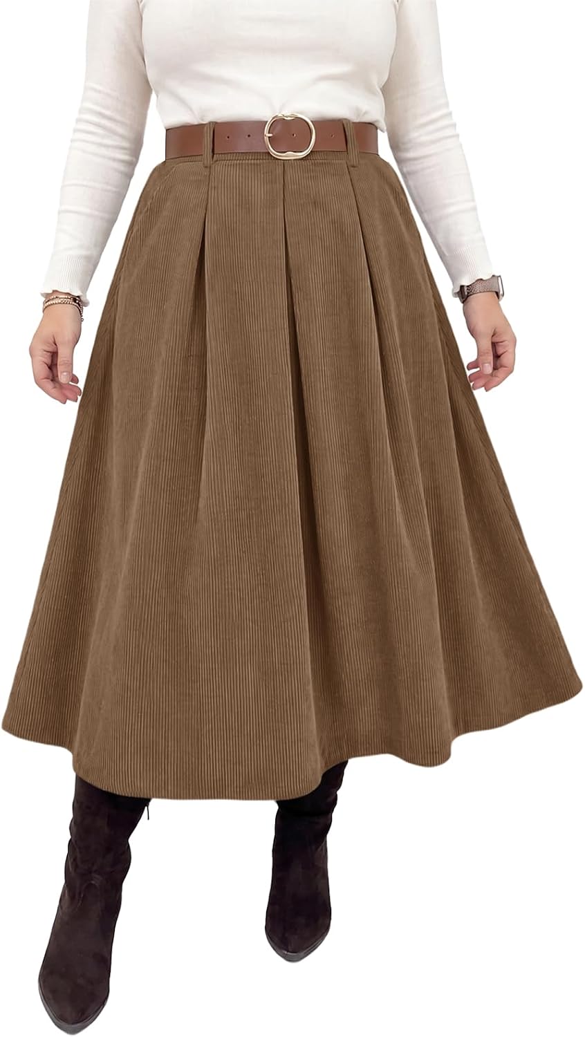 Beautife Womens Plus Size Corduroy A-Line Pleated Skirt with Pockets