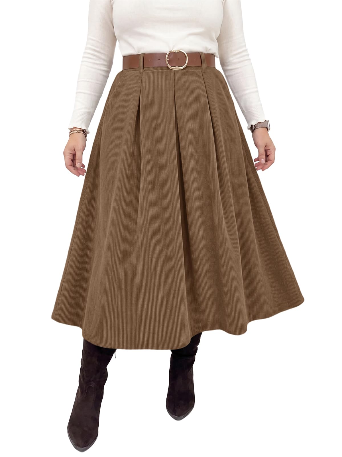 Beautife Womens Plus Size Corduroy A-Line Pleated Skirt with Pockets