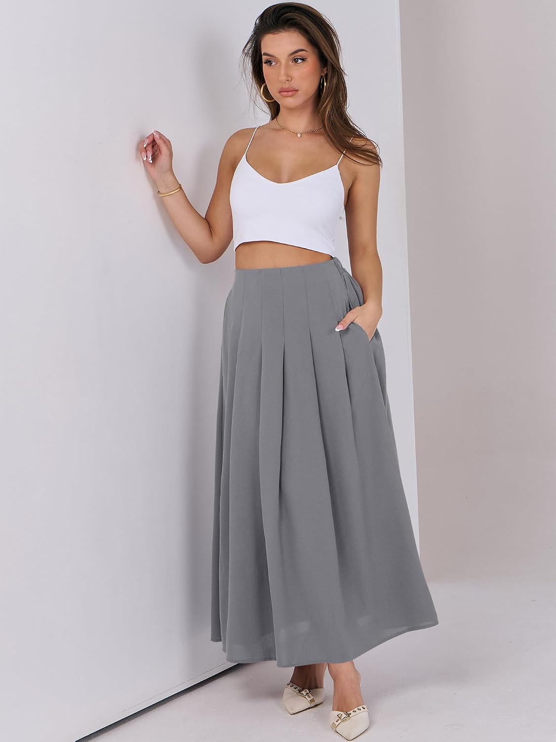 ANRABESS Womens Pleated Maxi Skirts High Waisted Ankle Length with Pockets