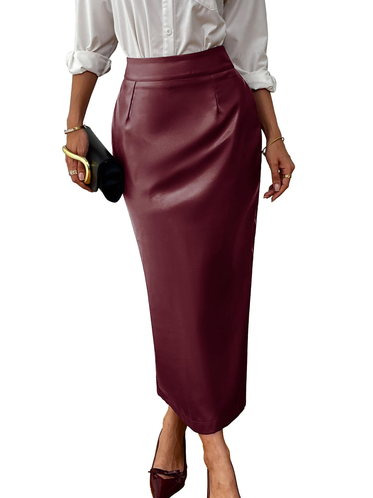 ELLEVEN Stretch Pencil Leather Midi Skirt with Pockets