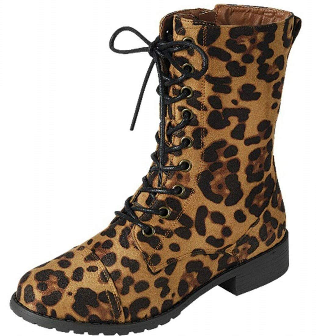 Forever Link Womens Round Toe Military Lace Up Knit Ankle Cuff Low Heel Combat Boots