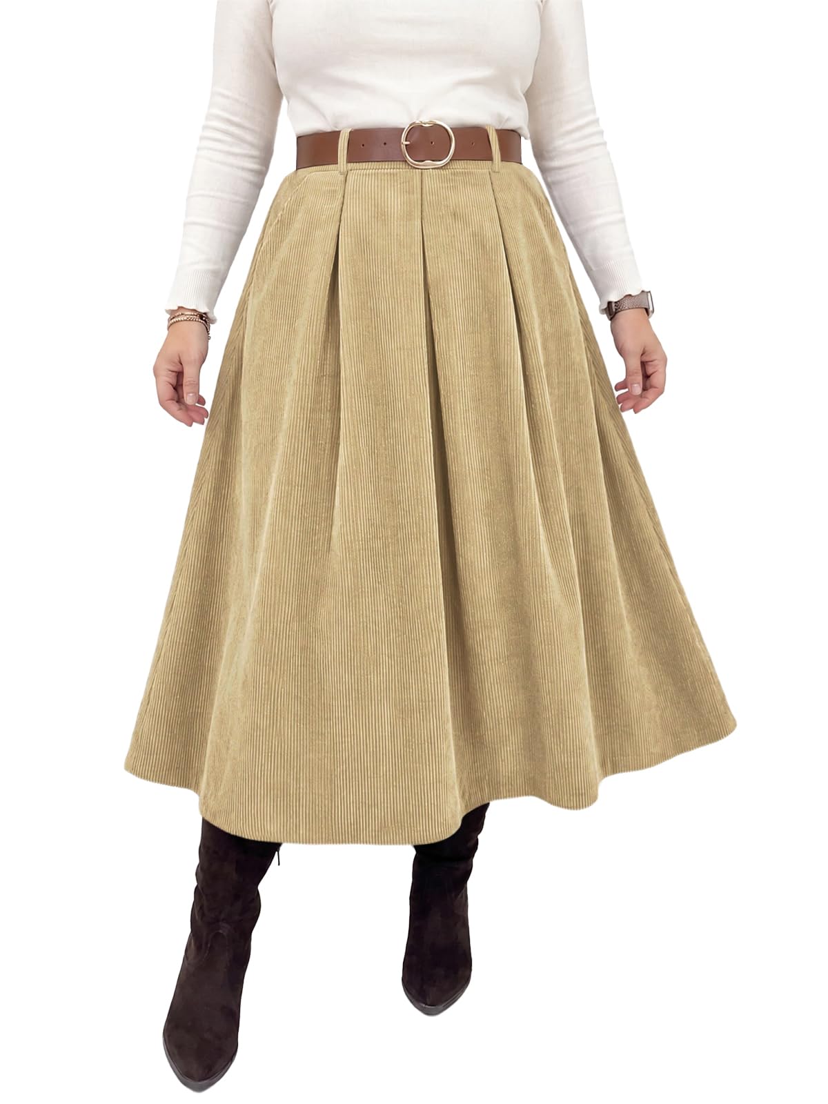 Beautife Womens Plus Size Corduroy A-Line Pleated Skirt with Pockets