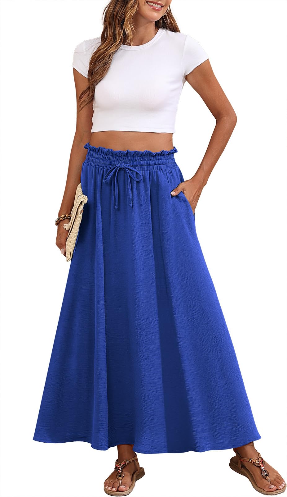 Askyes Womens Maxi Skirt Summer Tie Knot Elastic High Waisted Boho Casual Beach Flowy Swing Long Skirts with Pockets