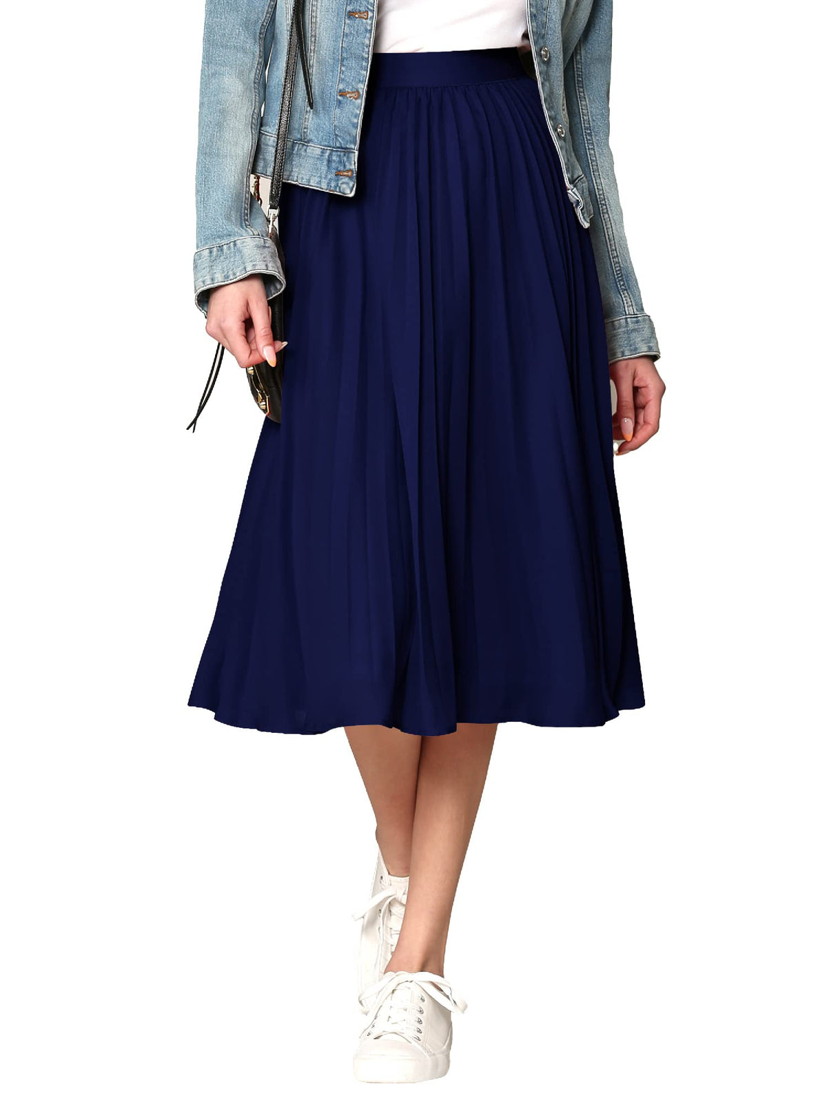 Made By Johnny Women's High Elastic Waist Pleated Mid A-Line Swing Skirt