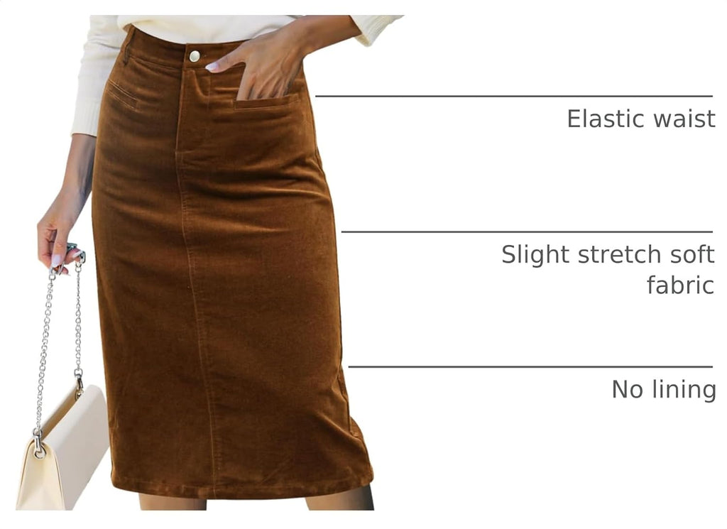 luvamia Corduroy Skirts for Women Midi Length High Waisted Trendy Fall Elastic Waist Casual Stretchy Welt Pockets Skirt