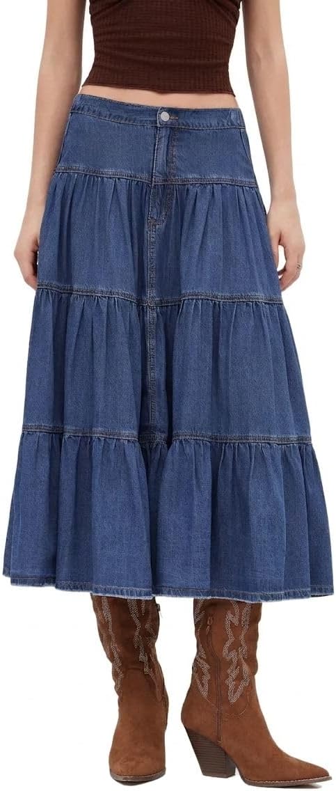 CIDER Womens Jean Long Skirts Tiered Denim High Elastic Waisted Western Cowgirl Midi Skirts