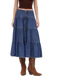 CIDER Womens Jean Long Skirts Tiered Denim High Elastic Waisted Western Cowgirl Midi Skirts