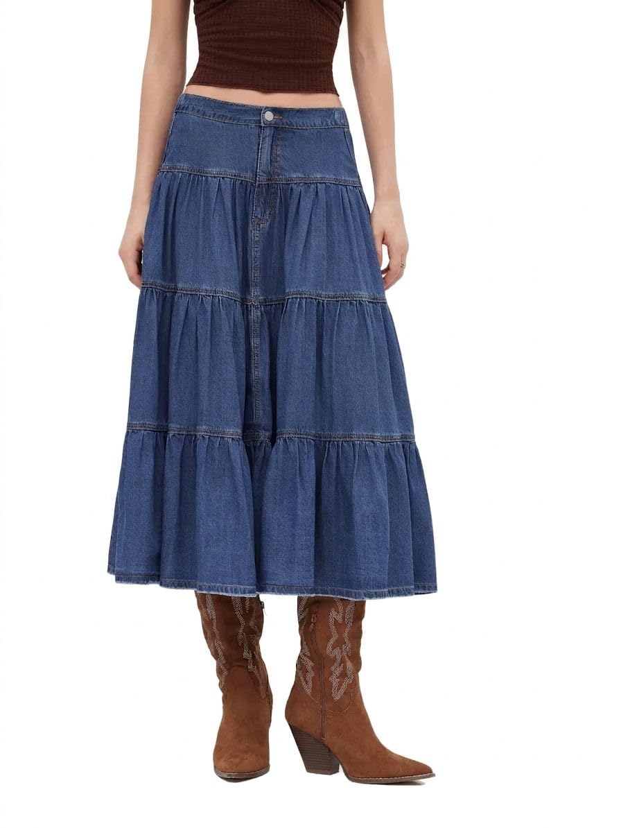 CIDER Womens Jean Long Skirts Tiered Denim High Elastic Waisted Western Cowgirl Midi Skirts