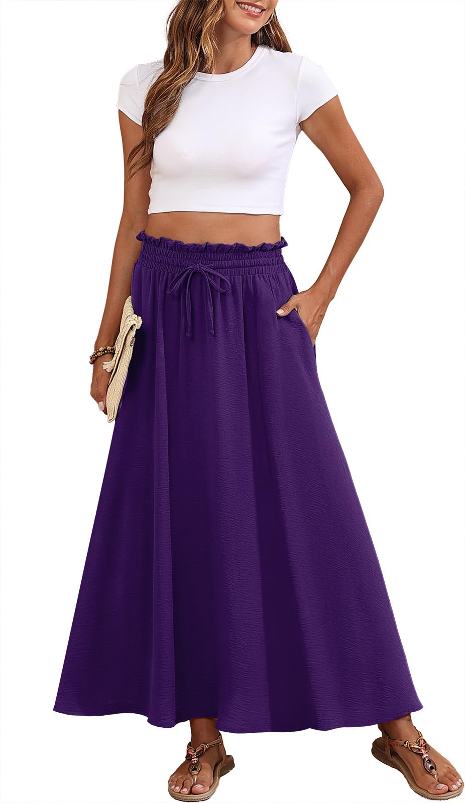 Askyes Womens Maxi Skirt Summer Tie Knot Elastic High Waisted Boho Casual Beach Flowy Swing Long Skirts with Pockets