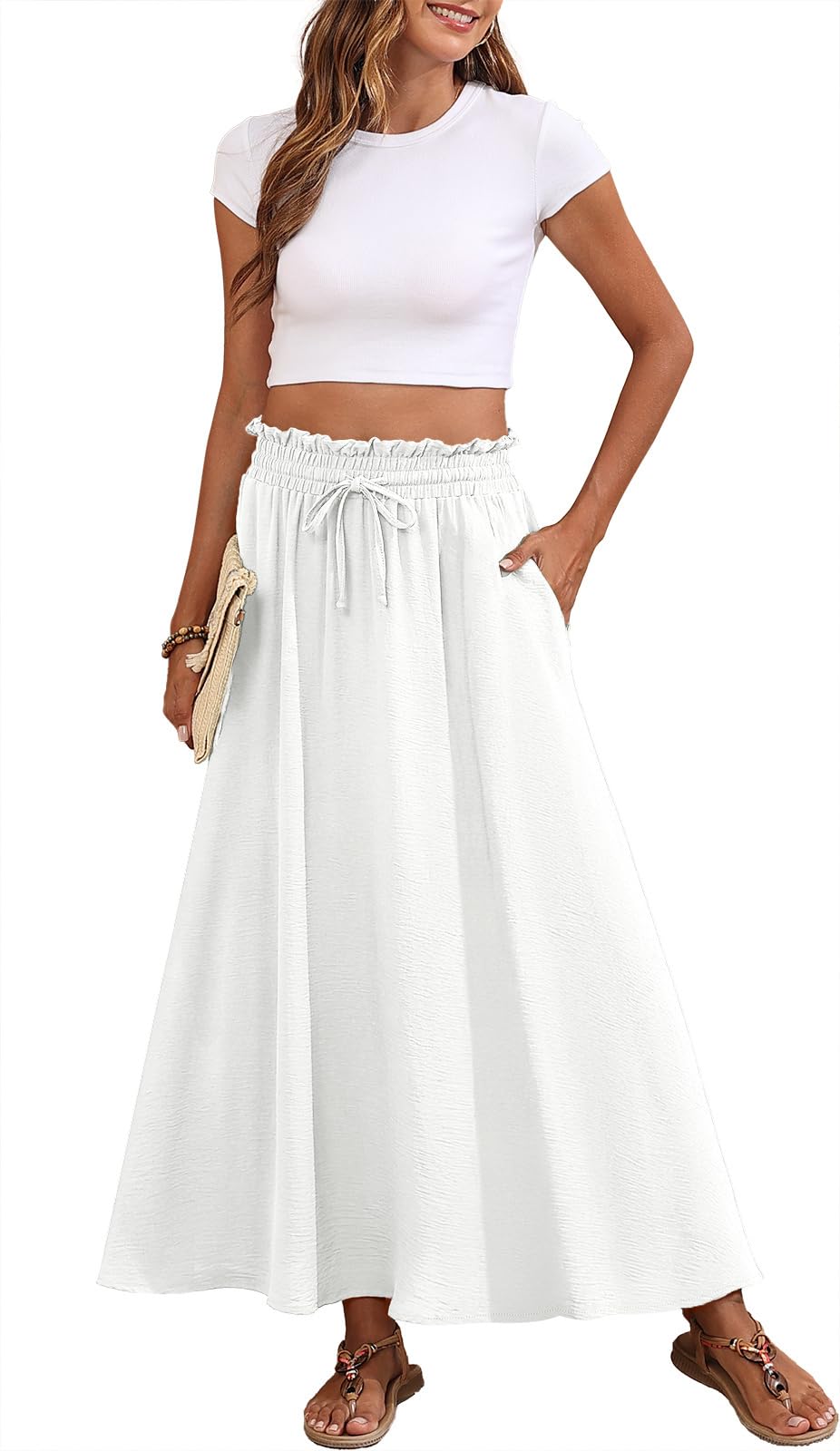 Askyes Womens Maxi Skirt Summer Tie Knot Elastic High Waisted Boho Casual Beach Flowy Swing Long Skirts with Pockets
