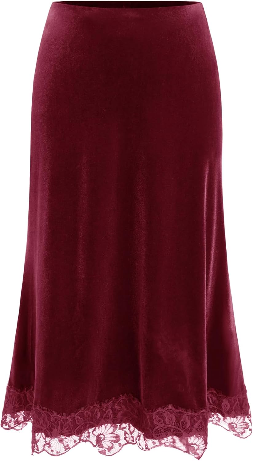 CIDER Vintage Velvet Midi Skirt for Women Lace Hem A Line Maxi Skirt