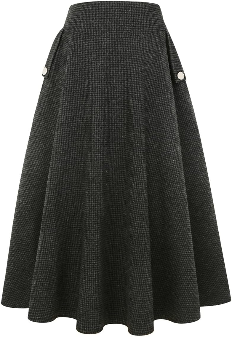IDEALSANXUN Women’s Fall Winter High Waisted Wool Plaid A-line Long Skirt
