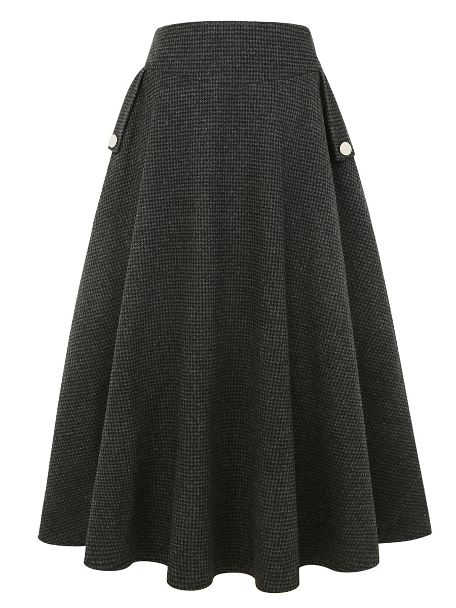 IDEALSANXUN Women’s Fall Winter High Waisted Wool Plaid A-line Long Skirt
