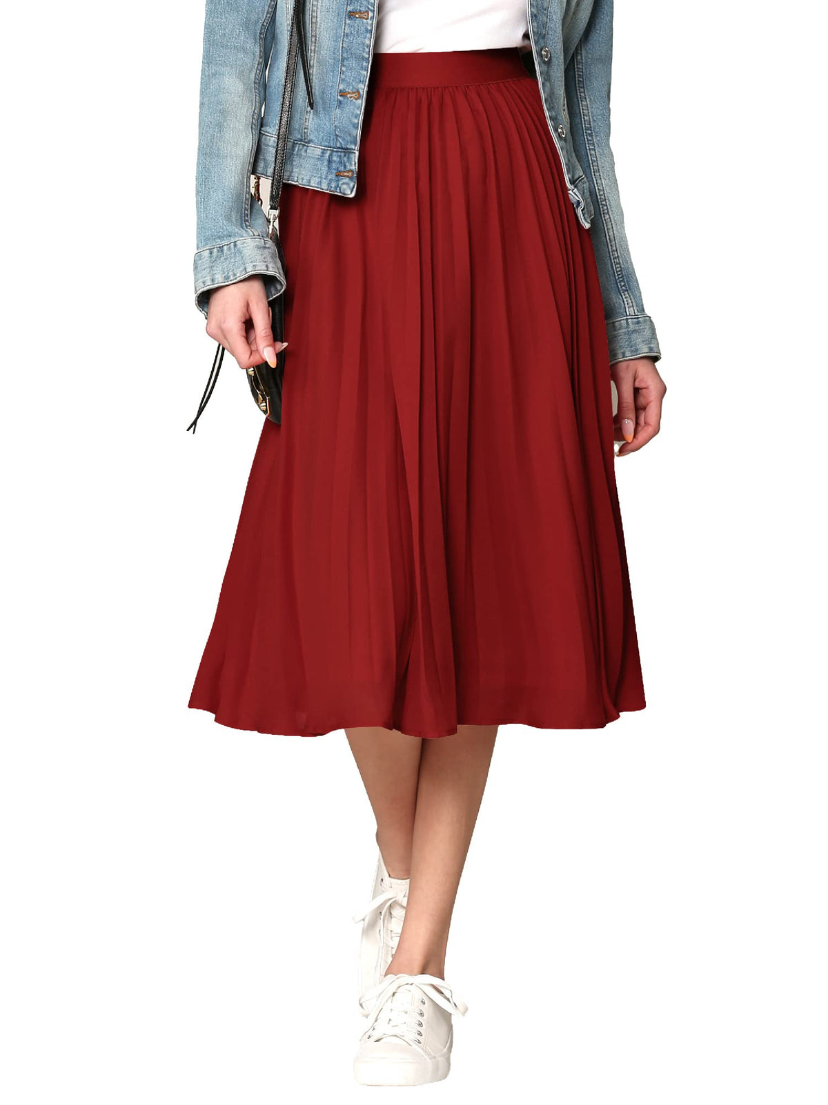 Made By Johnny Women's High Elastic Waist Pleated Mid A-Line Swing Skirt