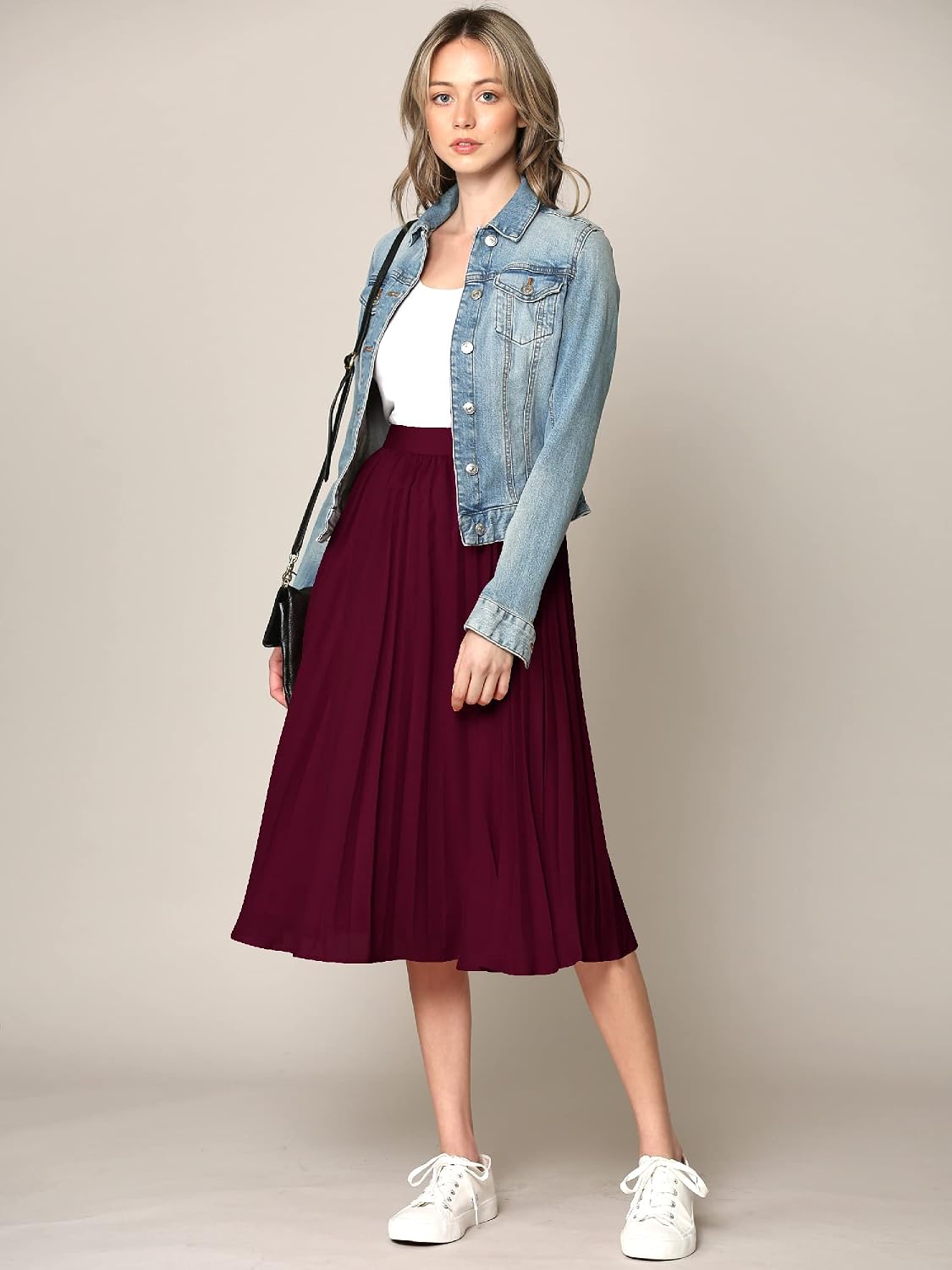 Made By Johnny Women's High Elastic Waist Pleated Mid A-Line Swing Skirt
