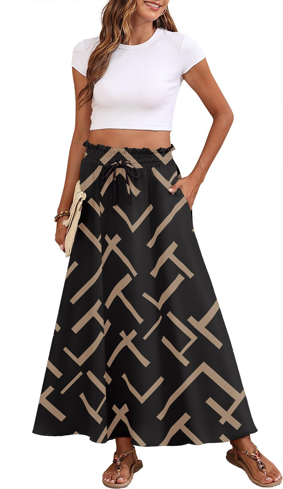 Askyes Womens Maxi Skirt Summer Tie Knot Elastic High Waisted Boho Casual Beach Flowy Swing Long Skirts with Pockets