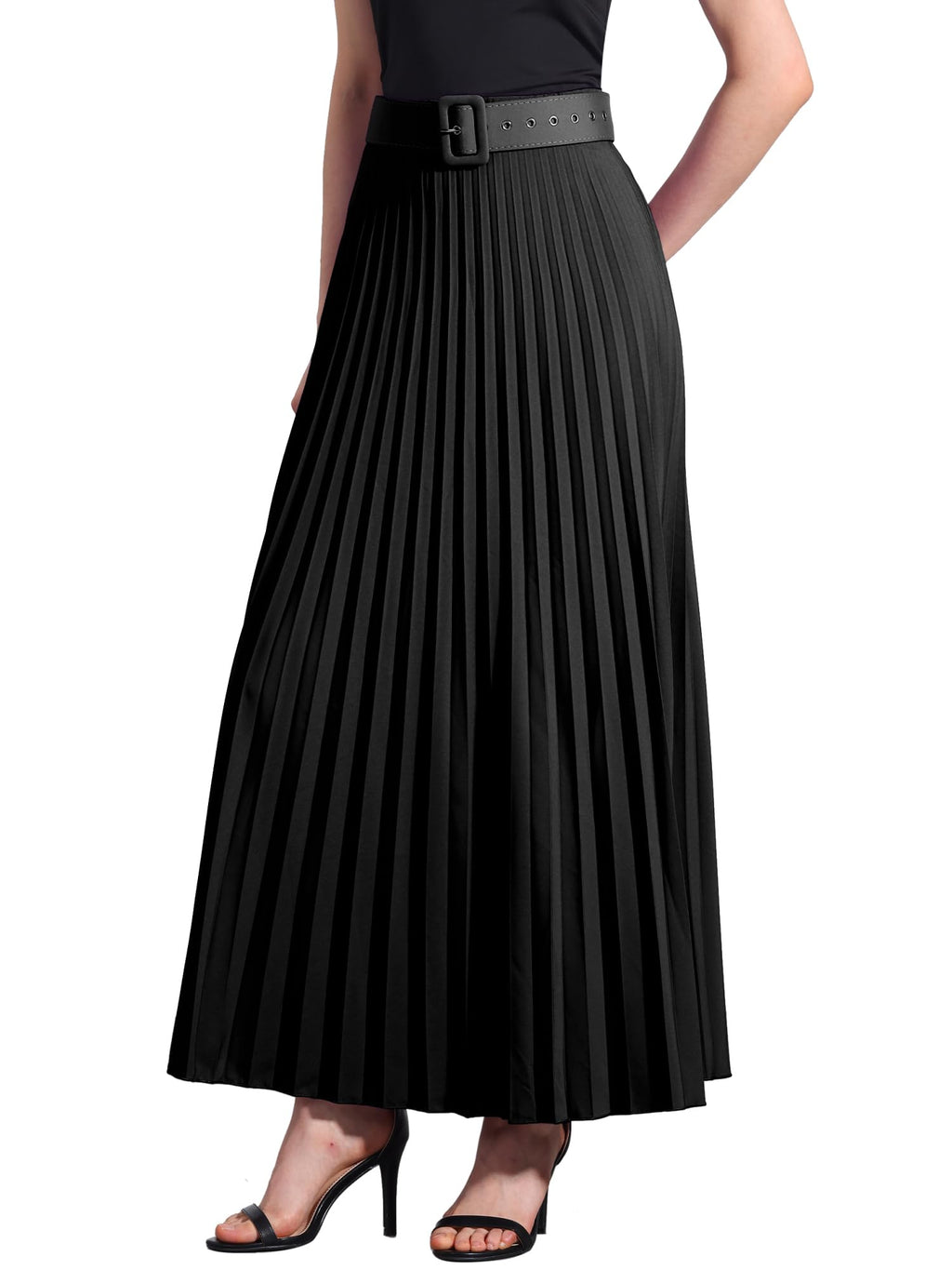 Allegra K Women High Waist Elastic Flowy A-Line Maxi Pleated Skirt