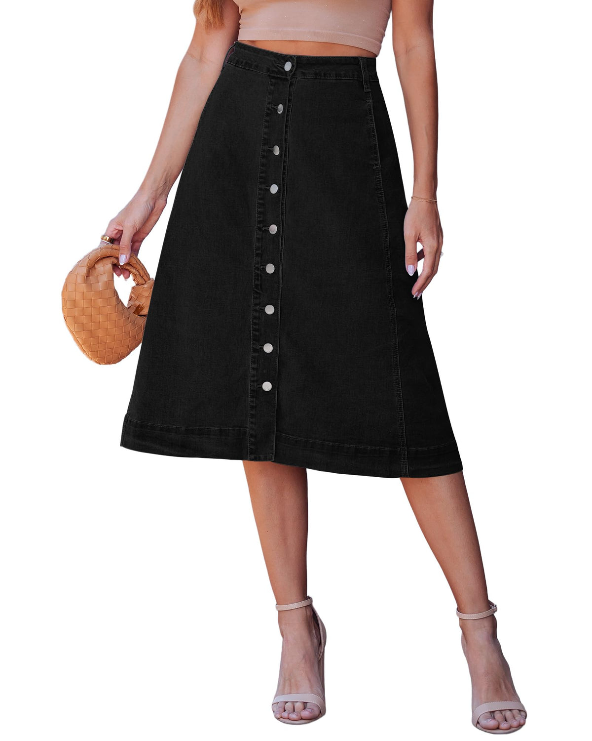 luvamia Jean Skirts for Women Trendy Midi Length A Line Western Casual Button Down Stretchy Denim Skirt with Pockets