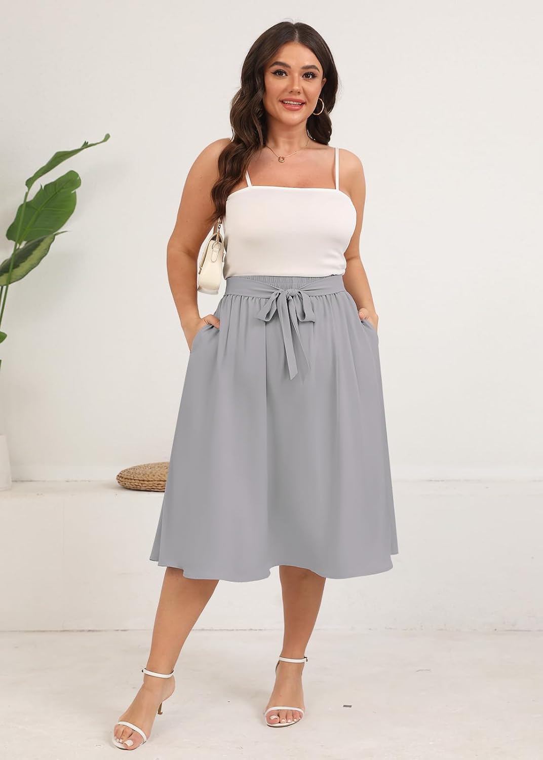 Xpenyo Womens Plus Size Midi Skirts Summer Elastic High Waisted Boho Casual Beach Flowy Swing Knee Length Skirts with Pockets