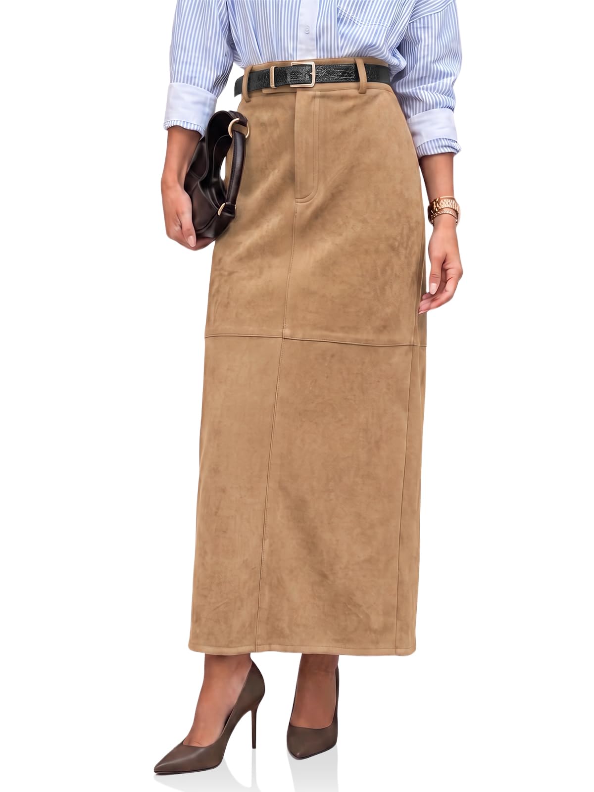 Cicy Bell Womens Suede Maxi Skirt High Waisted Slit Patchwork Pencil Skirts
