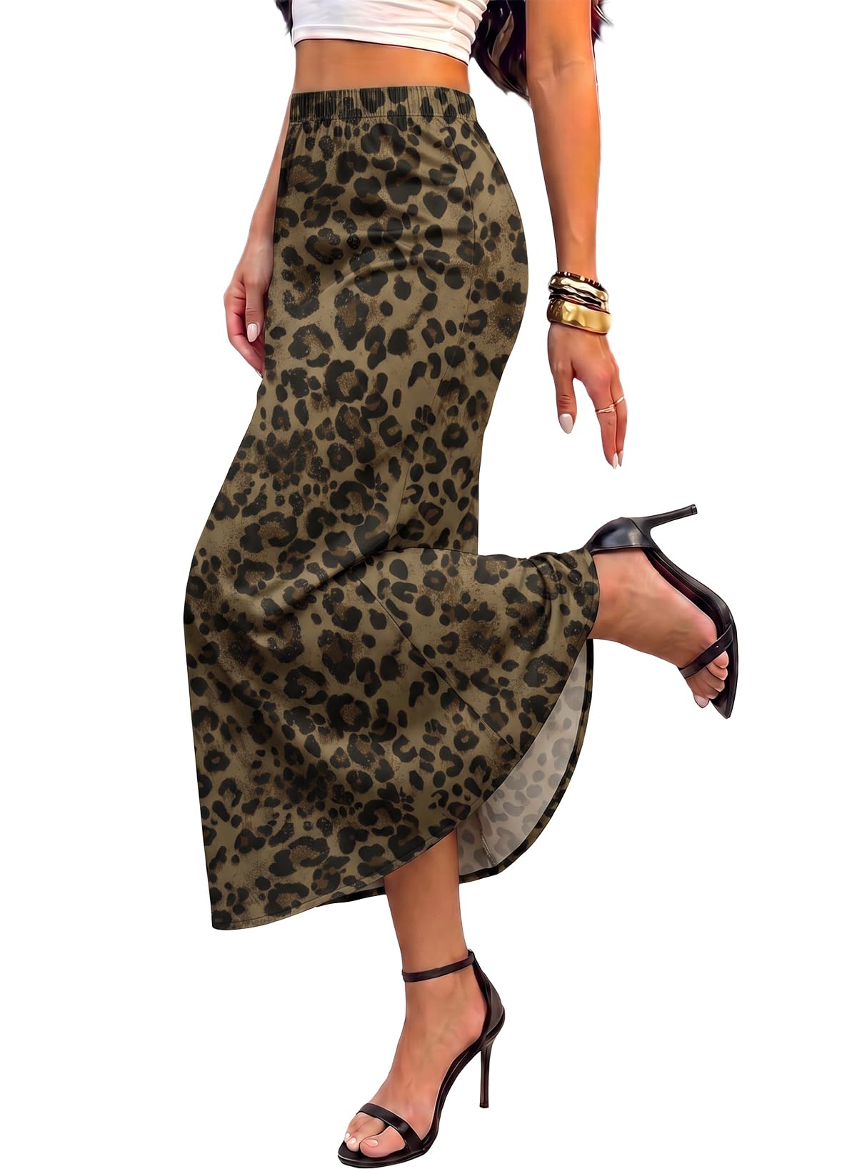 BLENCOT Women's Satin Midi Skirt Fashion Printed Elastic Waist Long Skirt