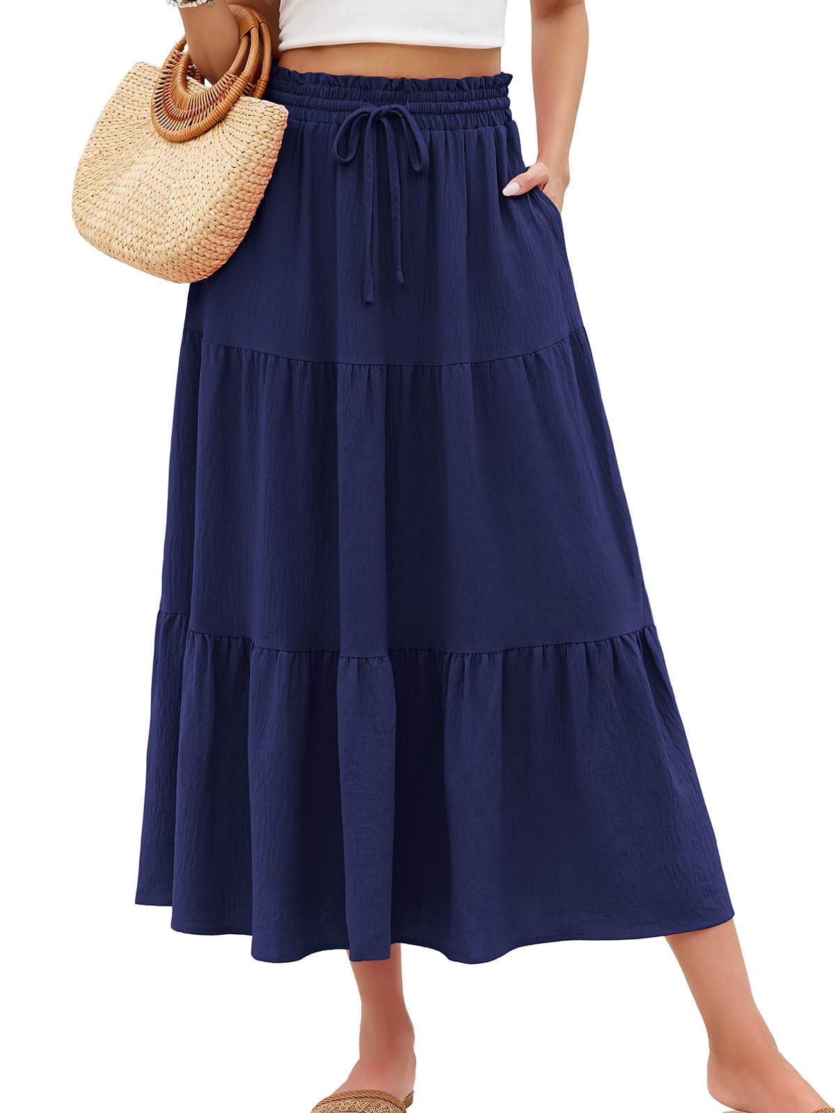 HUSKARY Women's Summer Long Maxi Flowy Tiered High Waist Trendy Ruffle Skirt with Pockets