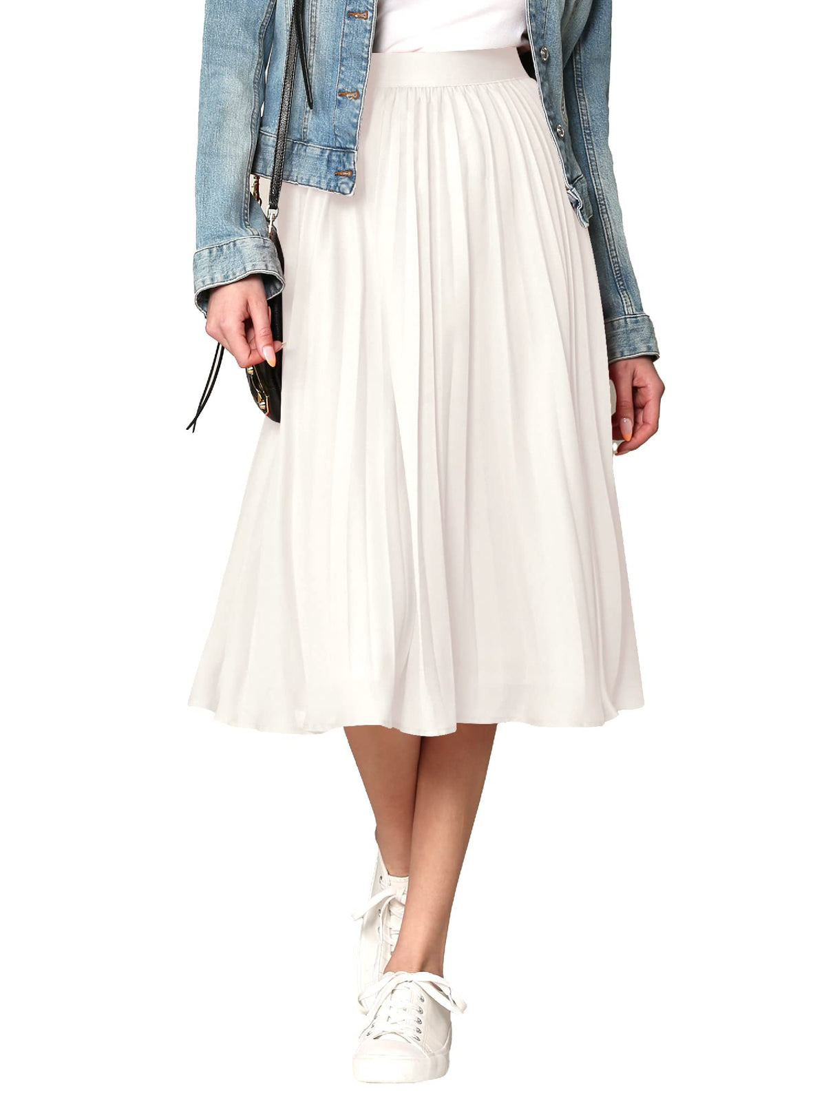 Made By Johnny Women's High Elastic Waist Pleated Mid A-Line Swing Skirt