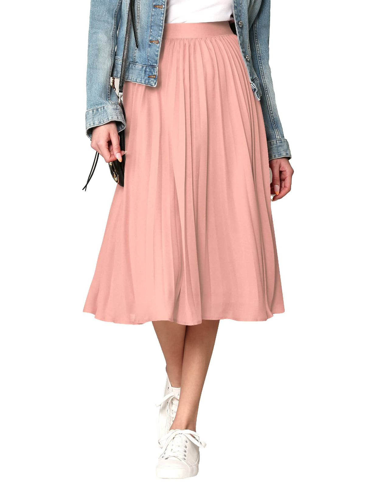 Made By Johnny Women's High Elastic Waist Pleated Mid A-Line Swing Skirt