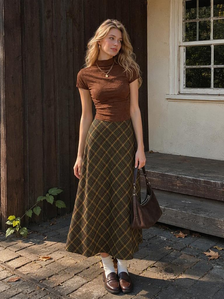 CIDER Womens Plaid Maxi Skirt A Line Pleated Gingham