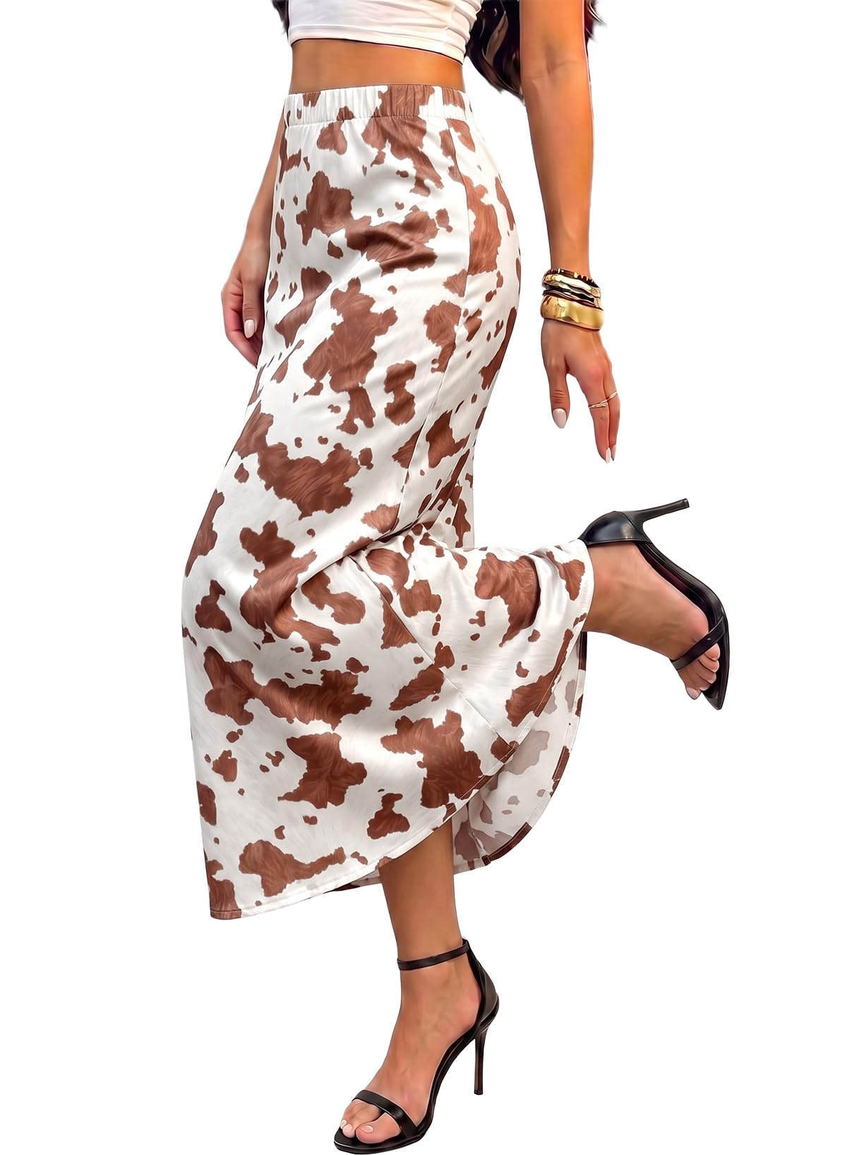BLENCOT Women's Satin Midi Skirt Fashion Printed Elastic Waist Long Skirt