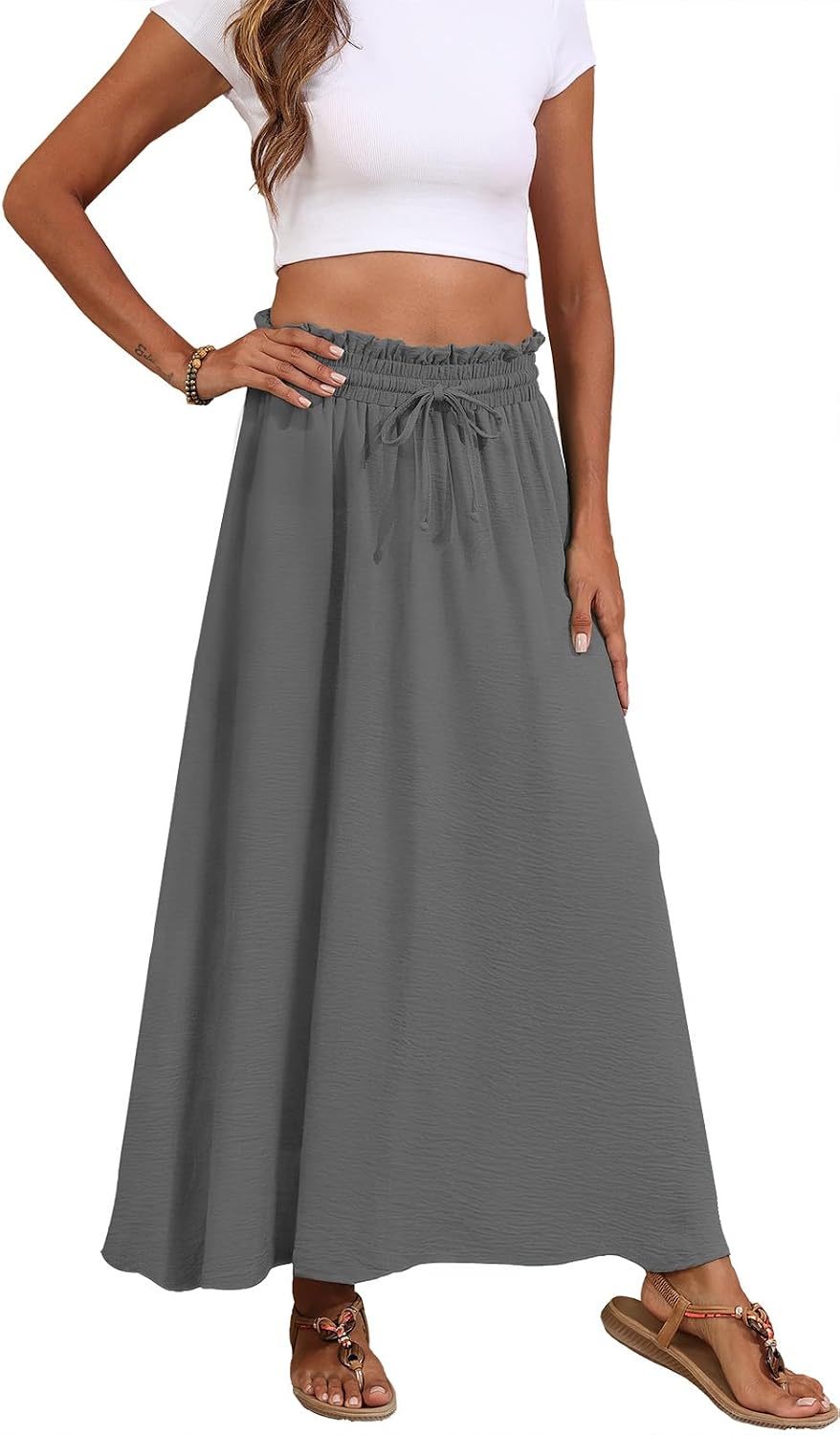 Askyes Womens Maxi Skirt Summer Tie Knot Elastic High Waisted Boho Casual Beach Flowy Swing Long Skirts with Pockets